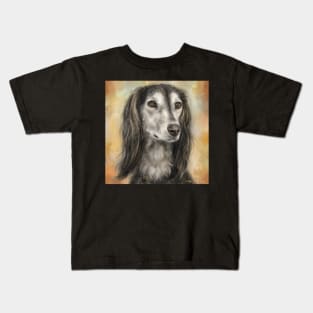 Painting of a Long Hair Brown and White Saluki Dog on Yellow Brown Background Kids T-Shirt